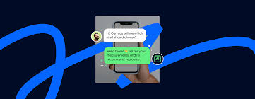 A person holds a smartphone displaying a conversation where they ask for help choosing a suit, and the chatbot responds with a suggestion to share measurements.