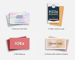 **Alt text:** A collection of four business card designs with different styles and names, accompanied by various suggestions: "Use your own name," "Take a look at a map," "Mix things up," and "Partner with another company."