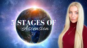 "A person with long blonde hair stands next to a glowing image of Earth with the text '5 Stages of Ascension' superimposed."