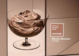 **Alt Text:** A glass cup filled with mocha-colored mousse alongside a Pantone swatch labeled "Color of the Year 2025, Mocha Mousse 17-1230."