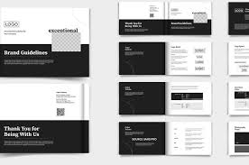 A spread of monochrome brand guidelines and stationery templates featuring minimalist designs in black, white, and gray.
