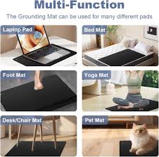**Alt Text:** An image showing various uses of a multi-function grounding mat, including as a laptop pad, bed mat, foot mat, yoga mat, desk/chair mat, and pet mat.