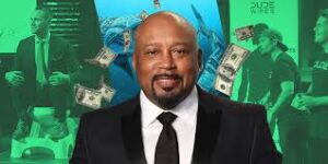 A man in a suit stands in front of a collage background featuring floating dollar bills and scenes of people interacting in a business setting.