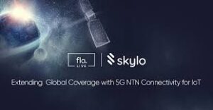 A space-themed image with logos of "floLIVE" and "skylo," featuring text that says "Extending Global Coverage with 5G NTN Connectivity for IoT."