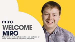 **Alt Text:** A person smiling next to text that says "Welcome Miro," with additional text about Miro being an online collaborative whiteboard platform.