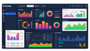 A digital dashboard displaying multiple colorful charts and graphs, including bar charts, pie charts, and line graphs, under a dark theme design.