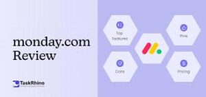 "Monday.com review graphic with hexagons labeled 'Top Features,' 'Price,' 'Pricing,' and 'Cons,' surrounding the Monday.com logo, and 'TaskRhino' in the bottom left corner."