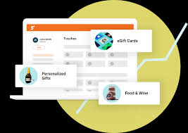 **Alt text:** A computer screen displaying options for personalized gifts, eGift cards, and food & wine categories, set against a circular yellow graphic.