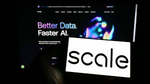 A smartphone displaying the text "scale" in front of a blurred computer screen that says "Better Data. Faster AI."