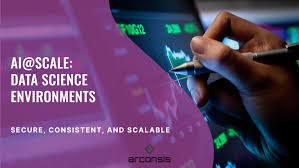 A hand holding a pen points to a financial graph on a screen, with text reading "AI@Scale: Data Science Environments - Secure, Consistent, and Scalable" alongside the Arconsis logo.