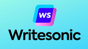 The Writesonic logo features a stylized "ws" in blue and pink above the name "Writesonic" in bold black lettering on a light blue background.