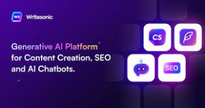 A digital advertisement for Writesonic highlighting its generative AI platform for content creation, SEO, and AI chatbots.