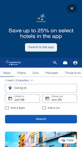 A screenshot of the Travelocity app showing options to book hotels, flights, cars, packages, and things to do, with a promotional banner for saving up to 25% on select hotels.