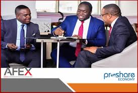 Three men in business attire are sitting around a table, smiling and engaged in a discussion, with logos for "AFEX" and "Proshare Economy" visible at the bottom.