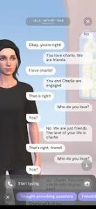 **Alt text:** A virtual character in a chatbot app converses with a user about their affection for "Charlie," acknowledging friendship and engagement with Charlie.