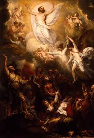 **Alt Text:** A dramatic painting depicting a religious scene with a central figure ascending into the sky, surrounded by angels and onlookers below.