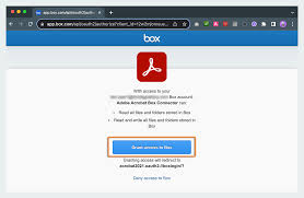 A screenshot of a Box authorization page requesting access for Adobe Acrobat PDF Converter app, with a button to grant access.