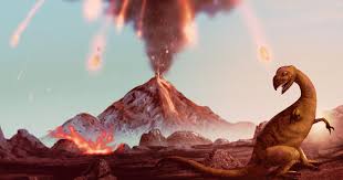 A dinosaur stands on rocky terrain with a volcano erupting in the background, surrounded by falling meteors.