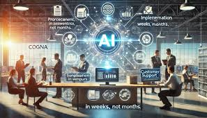 Business professionals in an office setting discuss AI technology, surrounded by digital icons representing various aspects like procurement and customer support.