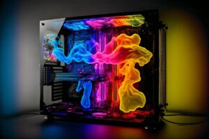 A colorful computer setup with swirling neon patterns inside a transparent case.