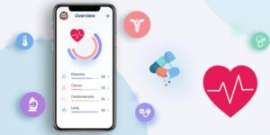 **Alt Text:** A smartphone displaying a health app overview with health condition scores, surrounded by medical-themed icons.