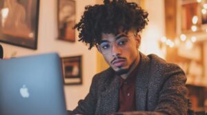 A person with curly hair and glasses works on a laptop in a warmly lit room.
