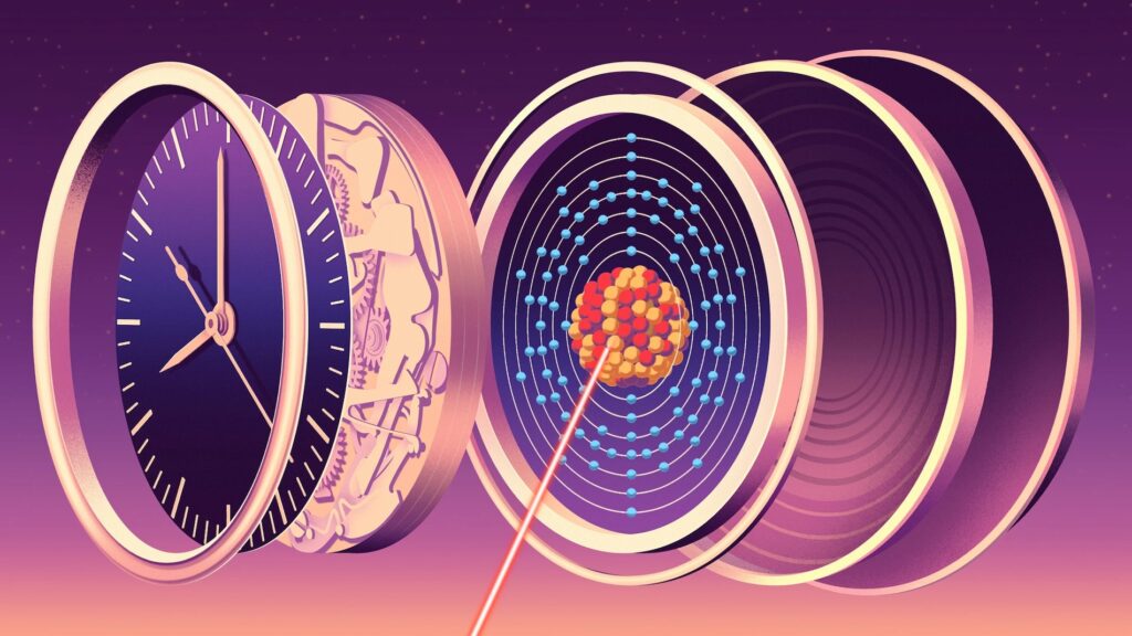 **Alt Text:** An illustration of a clock mechanism transitioning into a representation of an atomic structure with a laser beam pointing at the nucleus.