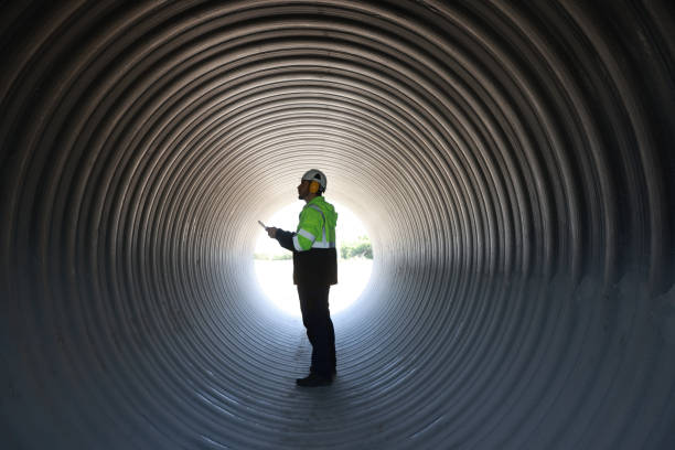 **Alt text:** A person wearing a hard hat and high-visibility jacket stands inside a large, corrugated metal tunnel, holding a tablet.