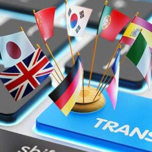 **Alt Text:** Small flags from various countries surround a blue "TRANSLATE" key on a computer keyboard.