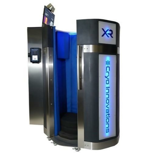 A cryotherapy chamber with "cryoinnovations" and "XR" logos illuminated on its exterior.