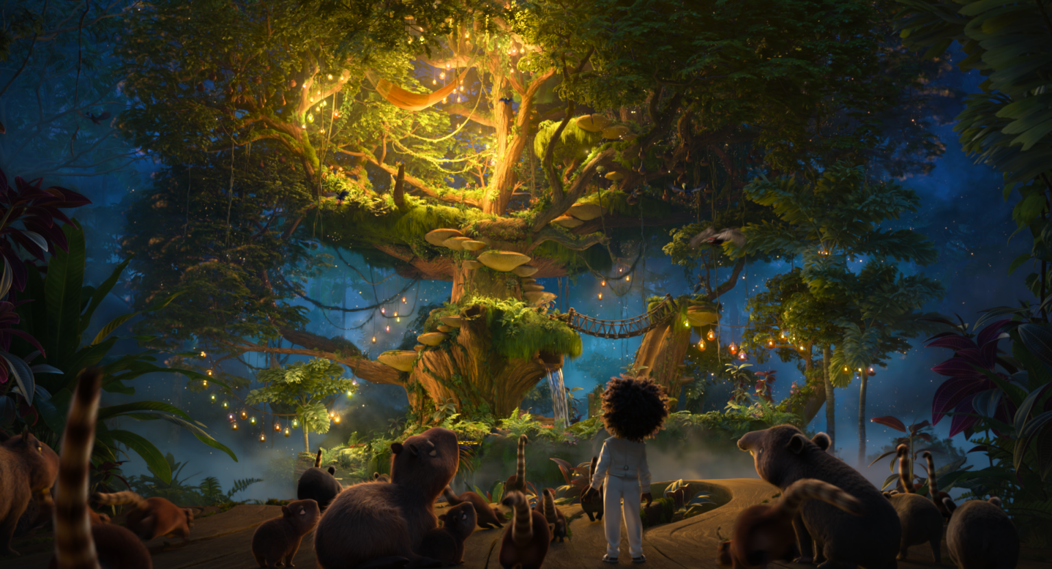 A child and various animals stand in awe before a large, glowing tree adorned with hanging lights in a mystical forest setting.