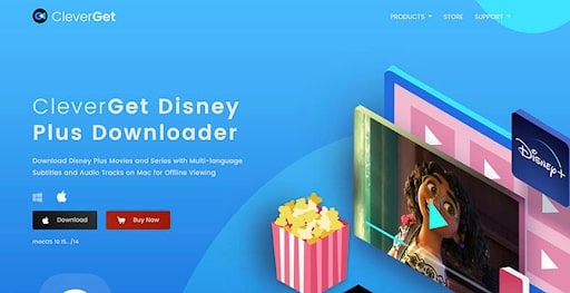 A promotional image for CleverGet Disney Plus Downloader featuring a streaming interface with colorful graphics and a popcorn icon.
