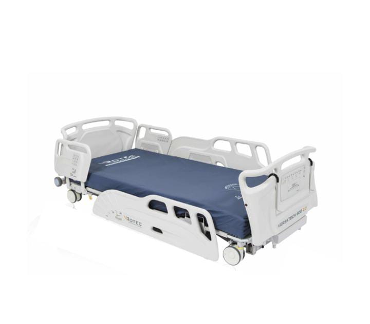 A hospital bed with adjustable side rails and a blue mattress.