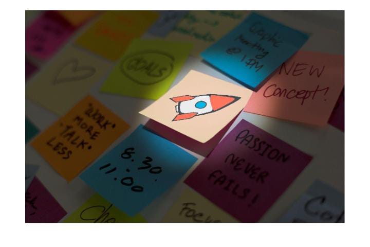 A collection of colorful sticky notes, one featuring a drawing of a rocket, surrounded by motivational phrases and reminders.