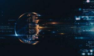 **Alt Text:** A glowing digital depiction of a Bitcoin symbol with binary code and abstract lines suggesting digital movement.