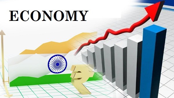 **Alt text:** An illustration showing a bar graph with an upward trend, a red arrow, the Indian flag, and the word "ECONOMY."