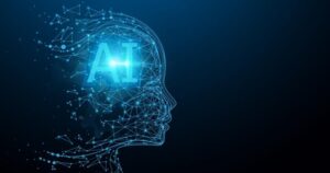 A digital illustration of a human head made of interconnected lines and nodes, with "AI" prominently displayed inside.