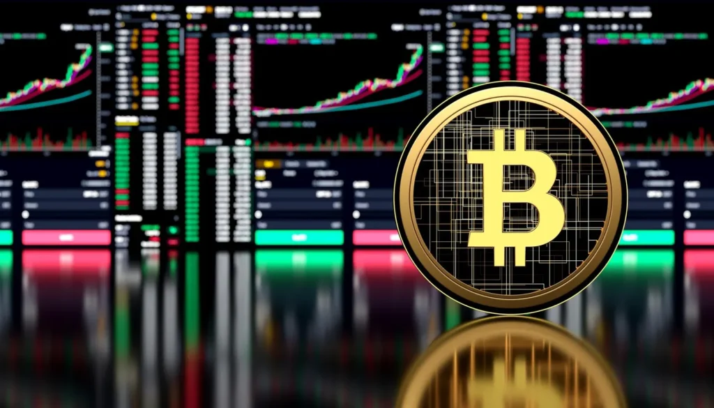 Alt text: A large Bitcoin symbol in the foreground with digital stock market charts and data displayed on screens in the background.