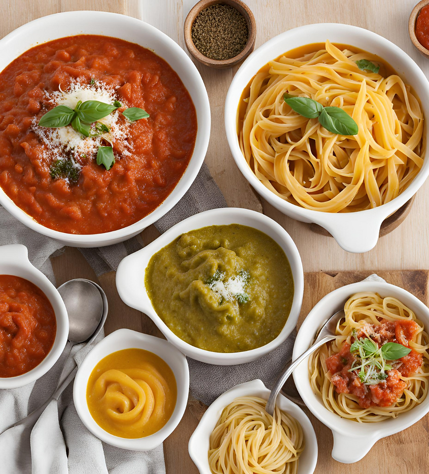 **Alt Text:** An assortment of pasta dishes with various sauces including red tomato, green pesto, and creamy orange, topped with cheese and basil, displayed in white bowls.