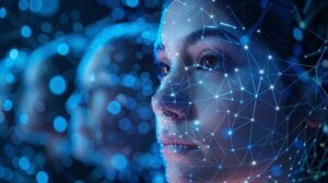 **Alt text:** A digital representation of a woman's face is overlaid with a glowing network of interconnected lines and nodes, set against a blurred background with similar faces.