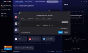 A software interface displaying a screen recording tool with options for selecting sources like Netflix, Disney+, and Hulu, and a "Choose recording settings" popup.