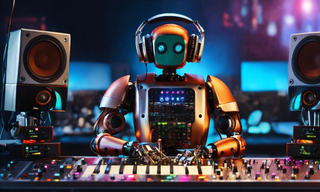 Alt text: A robot wearing headphones stands at a DJ mixing console with speakers on either side, set in a vibrant, colorful environment.