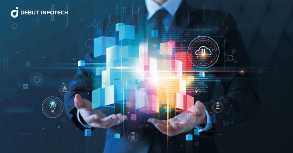 A person in a suit holds a digital hologram of interconnected cubes and technology icons, representing concepts like cloud storage and data innovation.