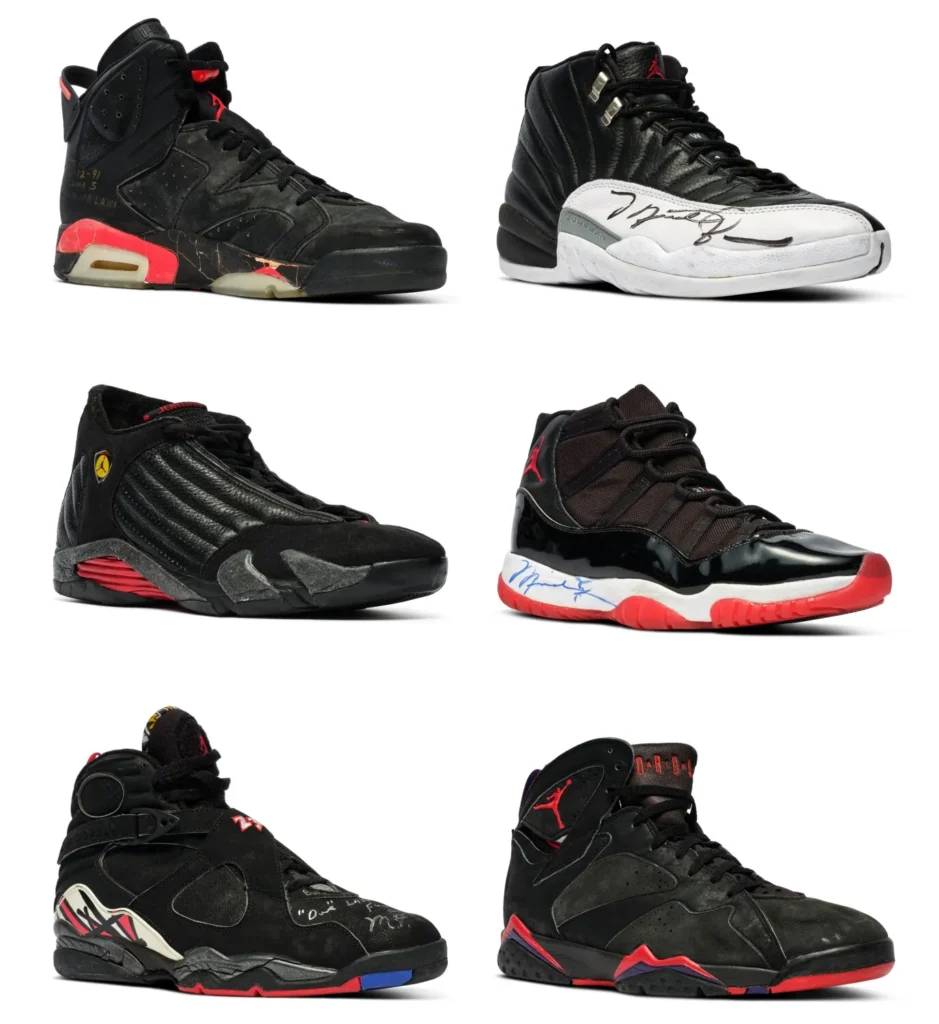 A collage of six different Air Jordan sneakers, each with unique designs and colorways, featuring signatures on some of them.