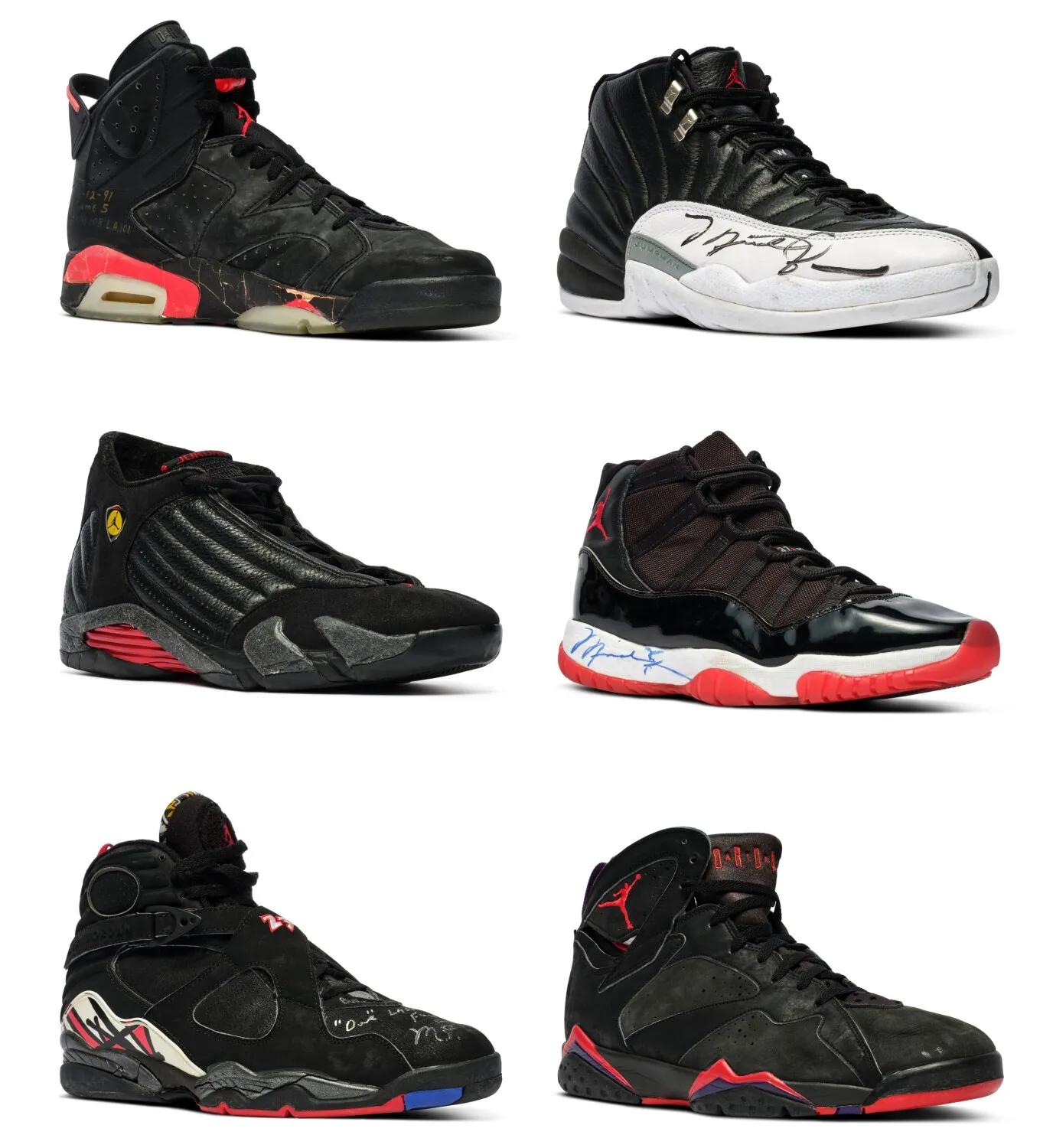 A collage of six different Air Jordan sneakers, each with distinctive designs and colorways, featuring signatures on some of them.