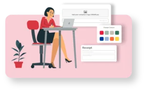 **Alt Text:** Illustration of a woman sitting at a desk using a laptop with options to add a company logo, choose colors, and view a receipt.