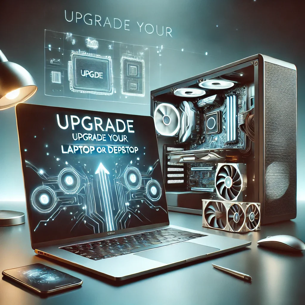 A futuristic setup showing a laptop and desktop computer with glowing circuitry and the text "Upgrade your laptop or desktop" on the screen.