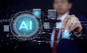 A person in a suit interacts with a digital interface displaying the word "AI" surrounded by interconnected technology icons.