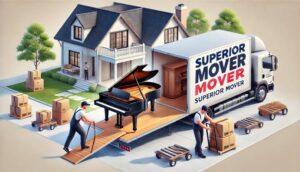 **Alt Text:** Two movers transport a grand piano onto a truck labeled "Superior Mover" outside a suburban house with boxes and trees in the background.