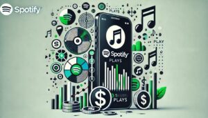 A smartphone displaying the Spotify app is surrounded by music notes, coins, and bar graphs, symbolizing music streaming and revenue.